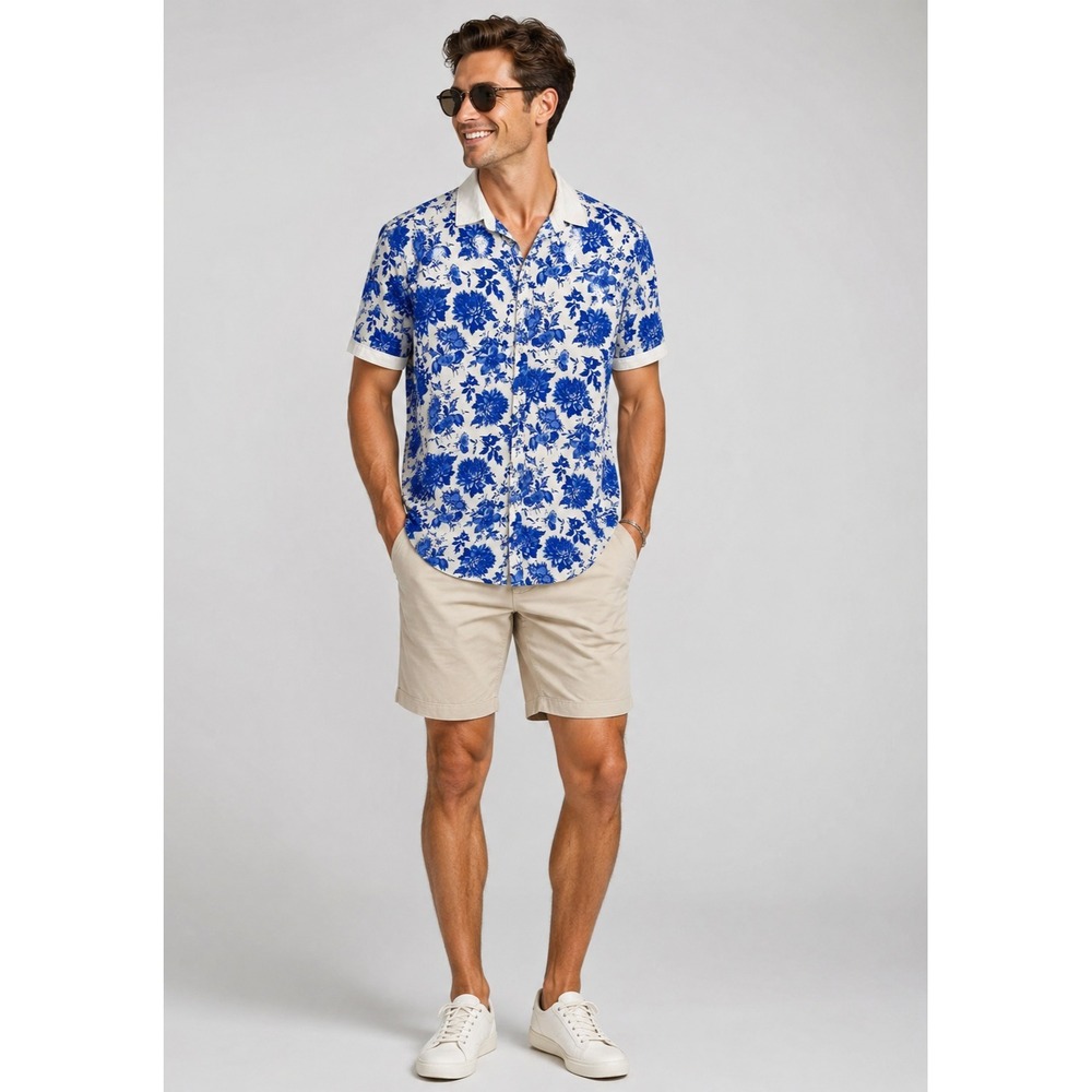 SSLR Button‎ Front Shirt Mens 2XL White Blue Floral Print Cotton Vaca Resort
